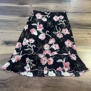 Susan Lawrence Rence Black Green Floral Ruffle Hem Midi Skirt Womens Size L